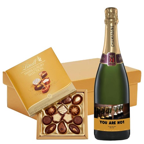 Personalised Champagne - Cup Label And Lindt Swiss Chocolates Hamper